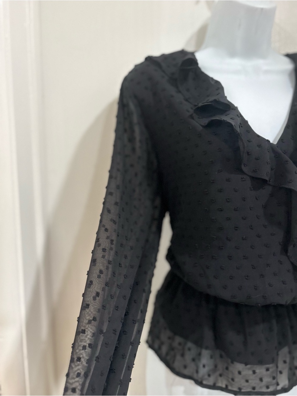 Grace Karin Black Sheer Ruffle V-Neck Blouse - Picture 2 of 5